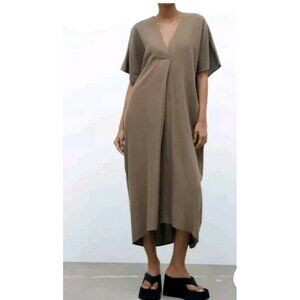 ZARA Linen Lyocell Tunic Dress with Pleat L Chest 54" Khaki Kaftan 4877 049